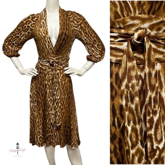 YIGAL AZROUEL Stretch Jersey Deep V Plunge Dress Leopard Ruched Sash Waist XS - Picture 6 of 15